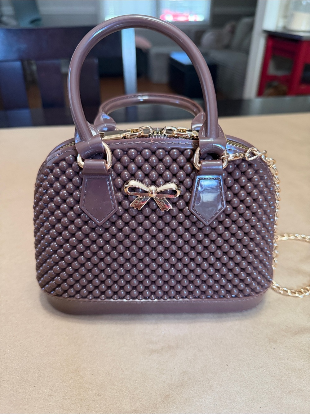 Brown Beaded Mini Satchel Handbag with Gold Bow Accent